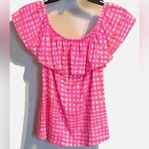 Lilly Pulitzer Pink Ruffle Off Shoulder Top XS Gingham Check Knit Stretch